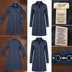 Cache Denim Look Shirt Dress Small Snap Front Long Sleeve Blue Y2K Size small